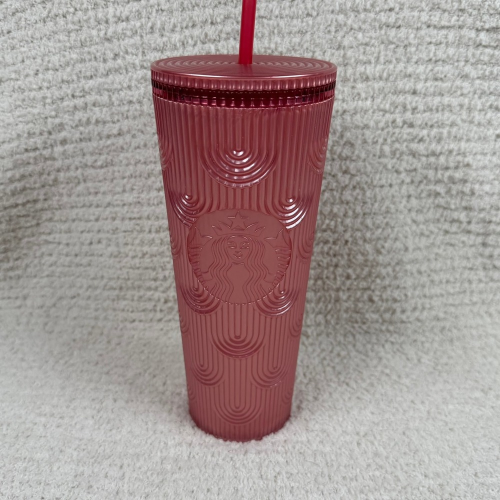 Starbucks 2022 Pink Tumbler 24 oz Cold Cup Quilted Arches Reusable Straw Lid